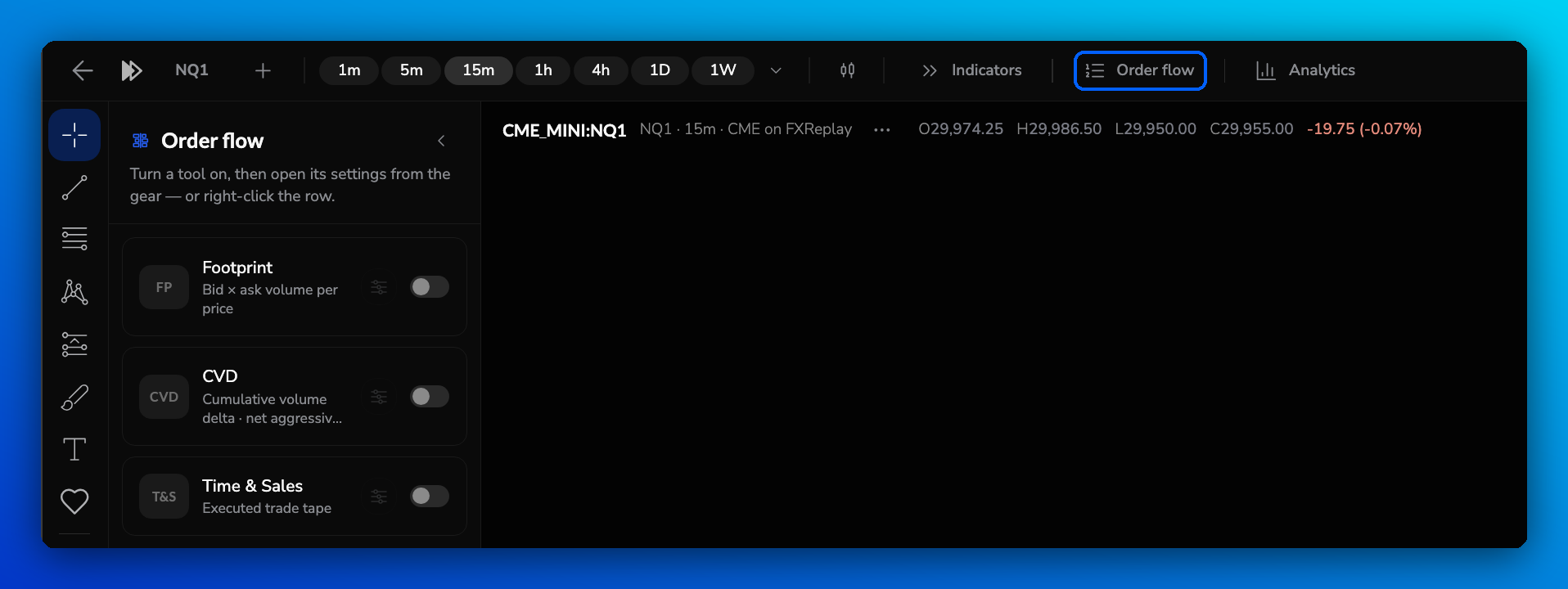 The Order flow panel opened from the top toolbar
